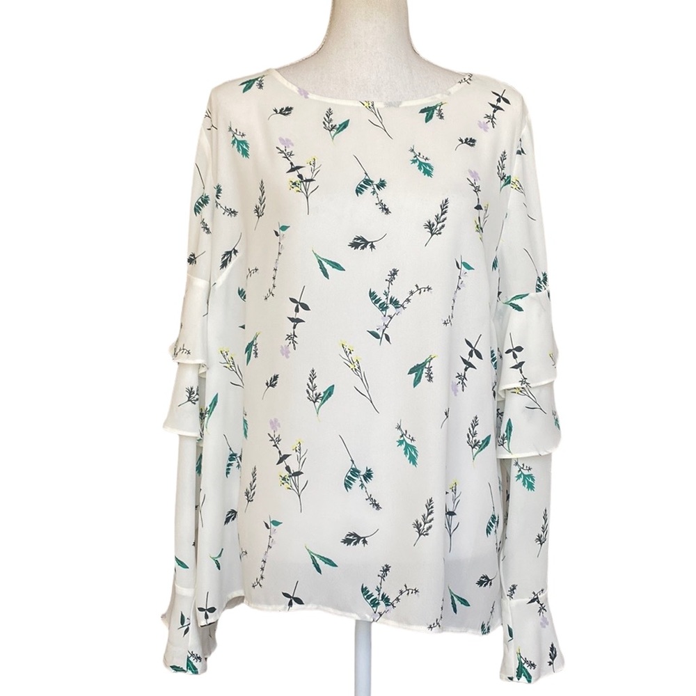 Banana Republic White Floral Tired Ruffle Sleeve Blouse Top XL